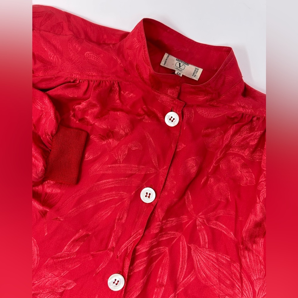 Vintage Valentino Sz 46(12) Red Floral Print 100% Silk Blouse Italy Rare!! S4